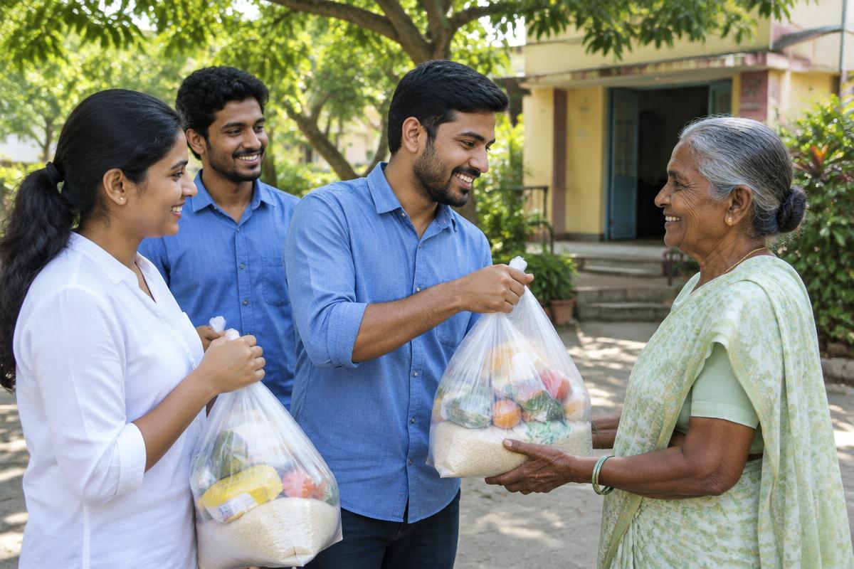 Illustrative image of volunteers supporting a community elder